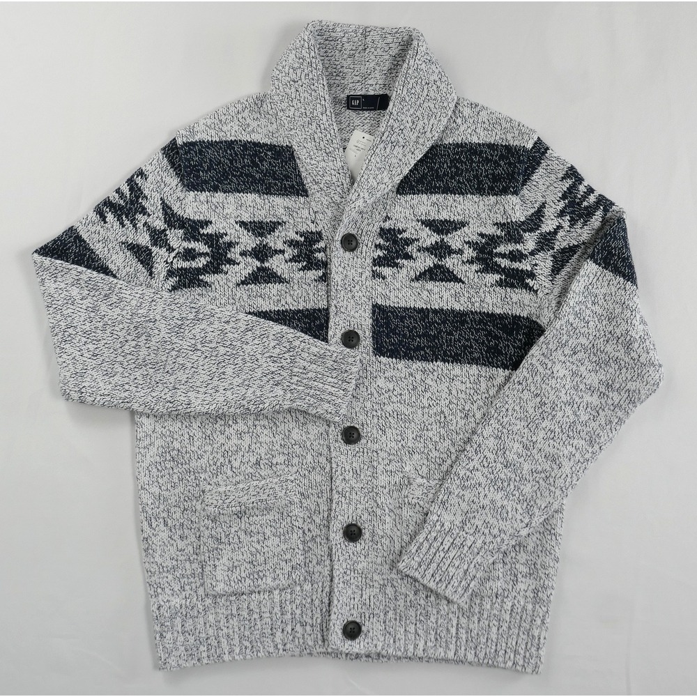 NEW Gap Aztec Shawl Cardigan Mens L Heather Gray Southwestern Knit Sweater NWT
